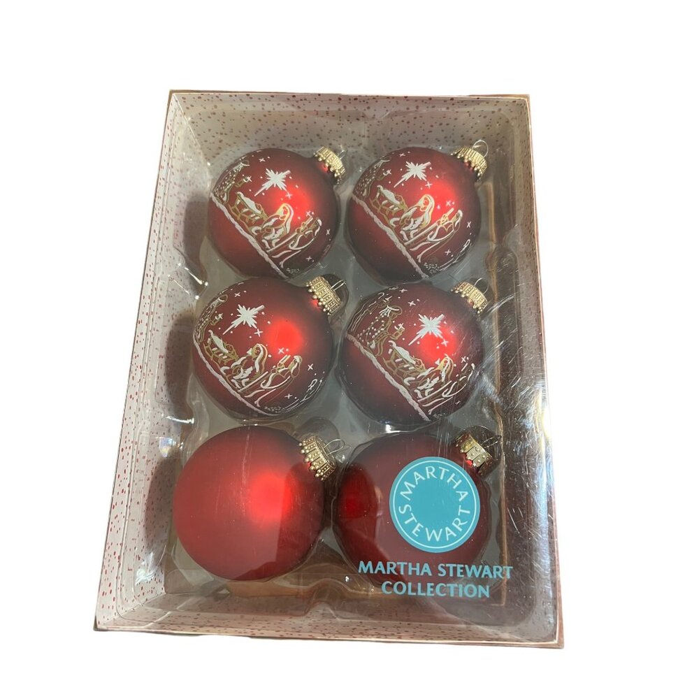 Martha Stewart Collection Red Gold Glitter Nativity Glass Ornaments Original Box